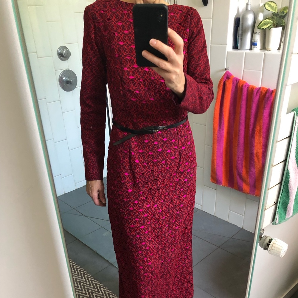 Alpana Bawa Burgundy/Hot Pink Embroidered Cutwork Wool Midi Dress